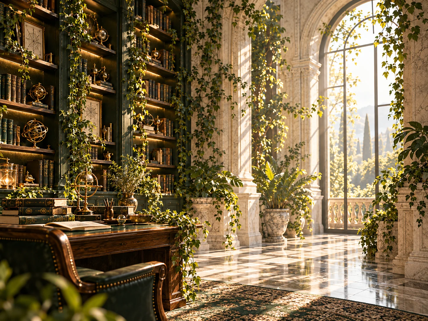 An intimate sunlit reading corner in a botanical library